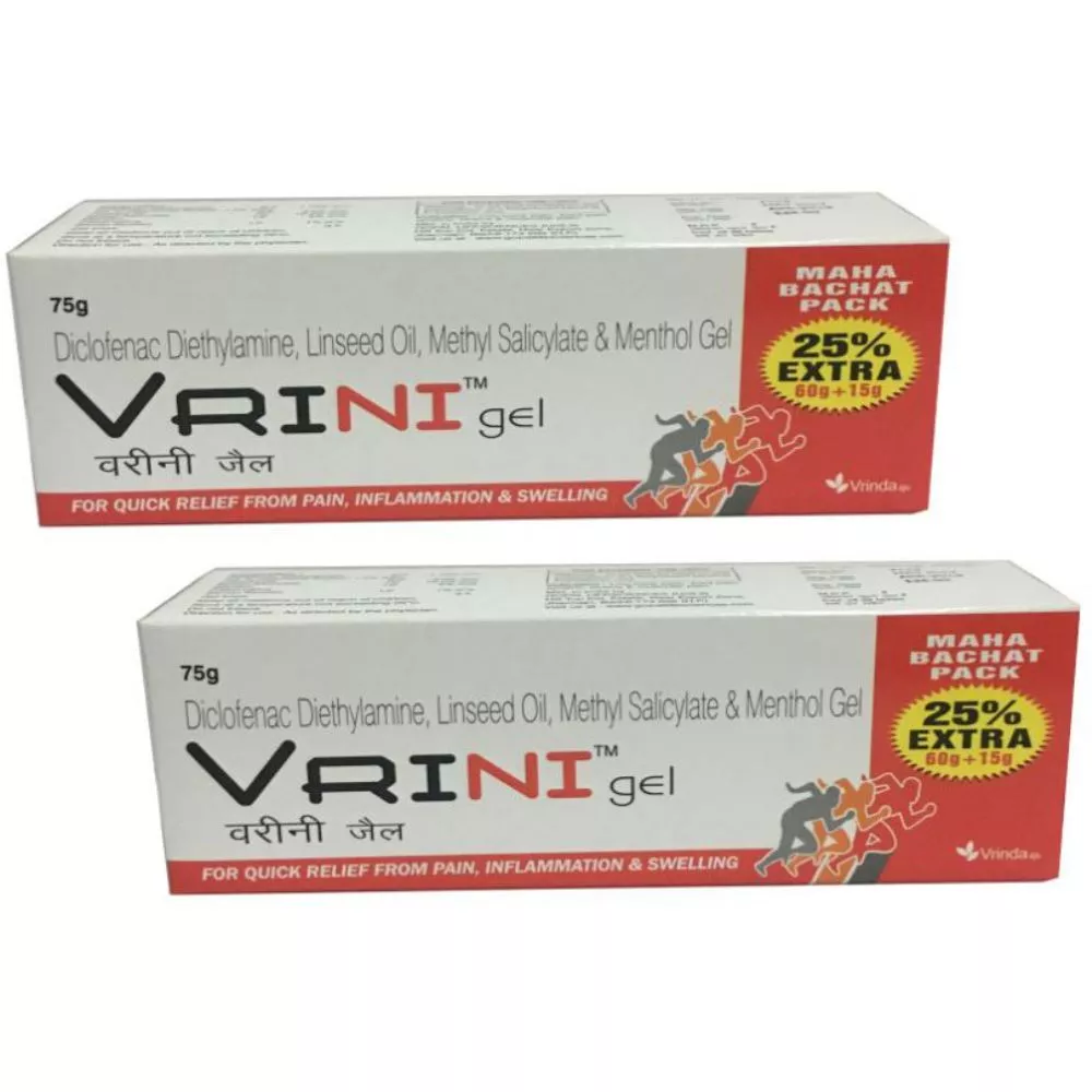 Vrinda Vrini Pain Relief Gel For Men & Women - Fast Pain Relief Gel - Quick Relief From Pain, Inflamation & Swelling 75g, Pack of 2