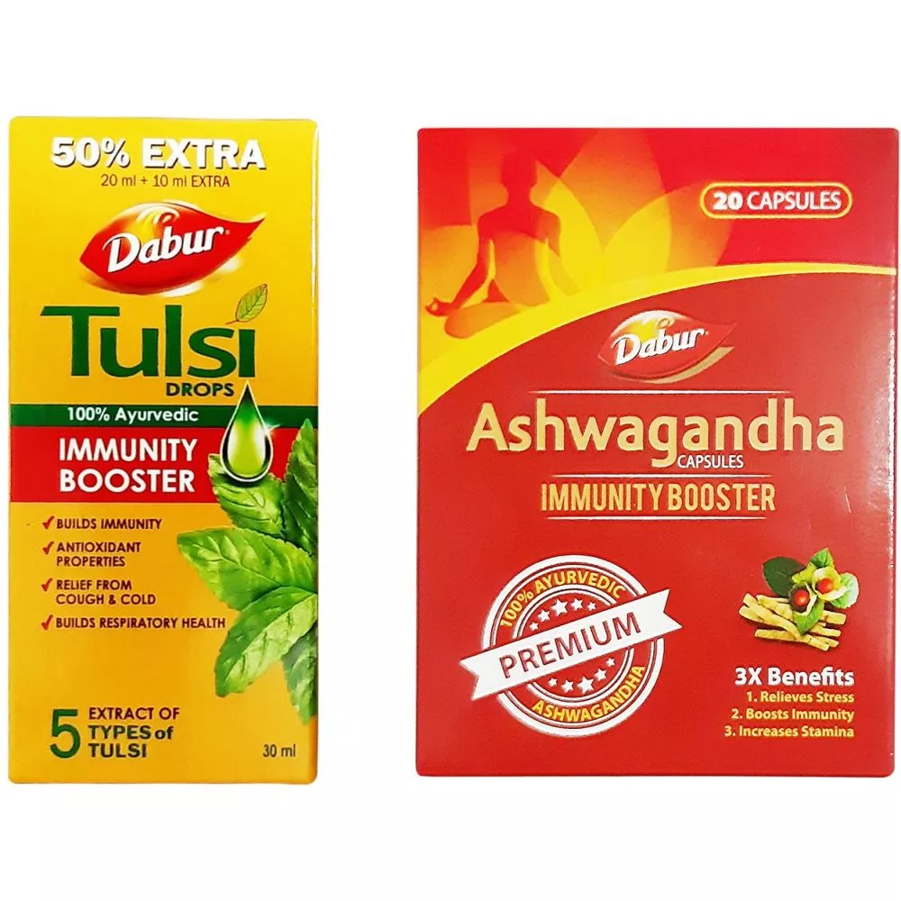 Dabur Ashwagandha 60 Capsules + Tulsi Drops 30 Ml Immunity Kit Combo Pack 1Pack