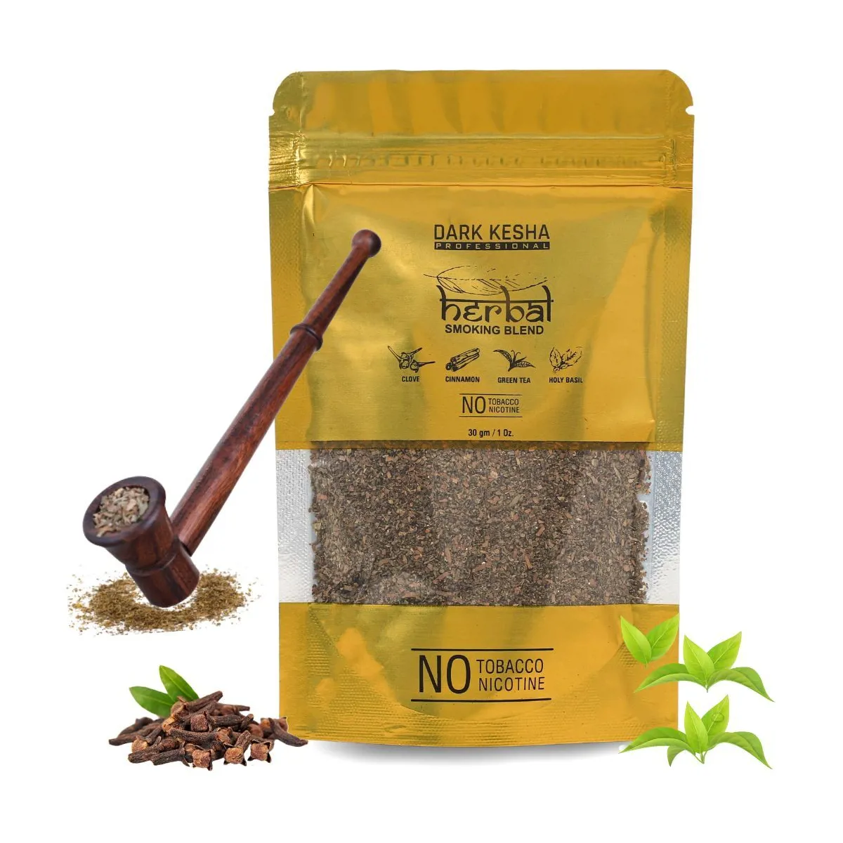 Dark Kesha Herbal Smoking Blend + Wooden Pipe Brown Pot 30gm + 1pcs 1Pack
