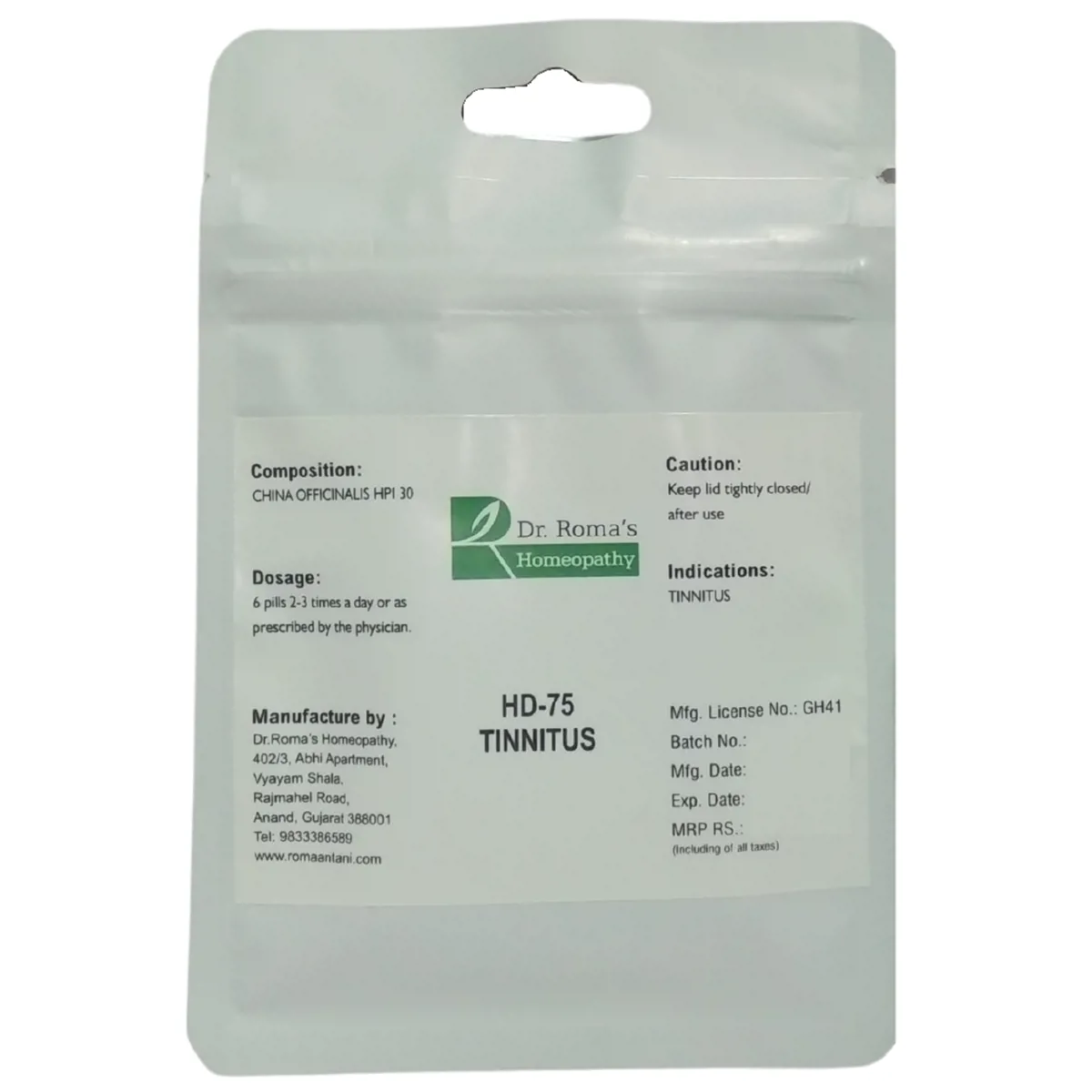 Dr Romas Homeopathy HD-75 Tinnitus 2 Bottles of 2 Dram 16g