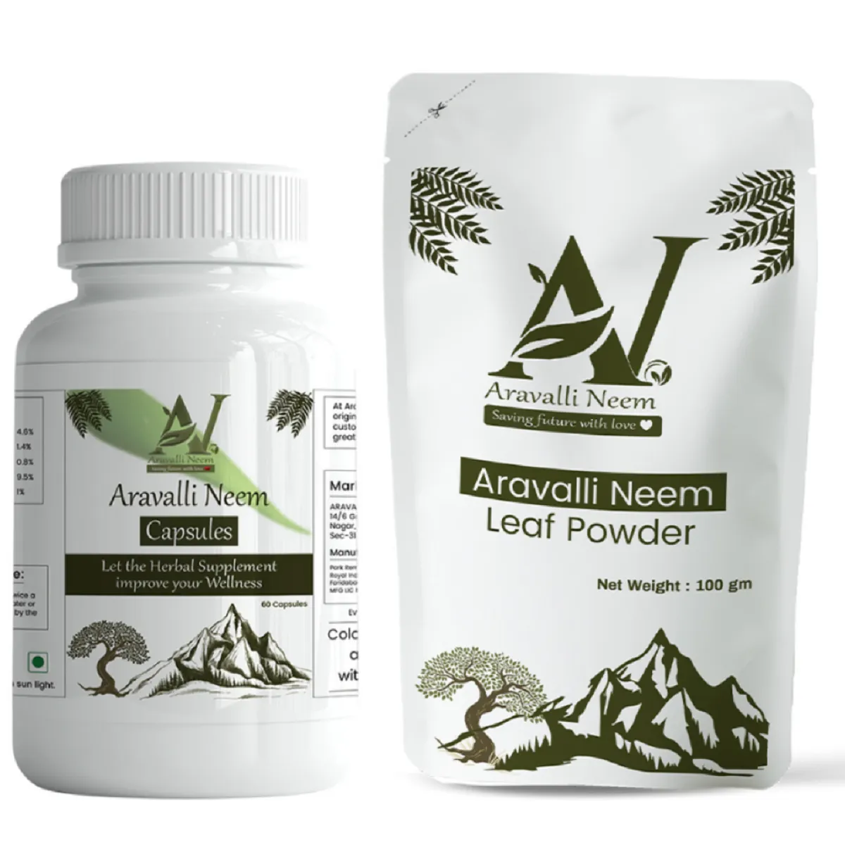 Aravalli Neem Capsules Herbal Supplement + Leaf Powder 60 Caps + 50gm 1Pack